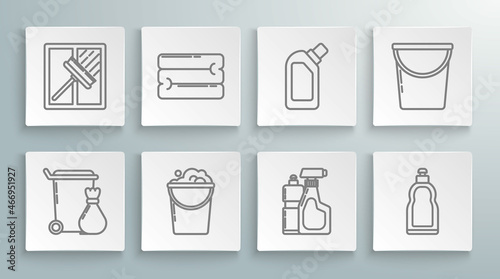 Set line Trash can, Towel stack, Bucket with foam and bubbles, Plastic bottles for liquid dishwashing liquid, and Squeegee, scraper, wiper icon. Vector