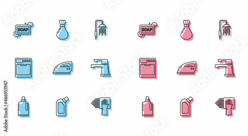 Set line Plastic bottles for liquid dishwashing liquid, Bar of soap with foam, Cleaning service, Electric iron, Water tap, Washer and Garbage bag icon. Vector