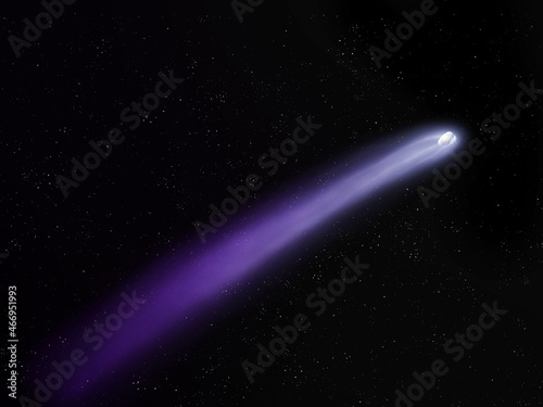 Bright comet in the night sky with a long tail of gas and dust against the background of stars 3d illustration.