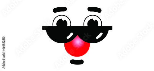 Red nose day concept. Carnival, red ball. emoticon, emoji face smiling and sunglasses. Clown's face. Cartoon vector cool sign for banner or card. Comic sun glasses. Children safe.