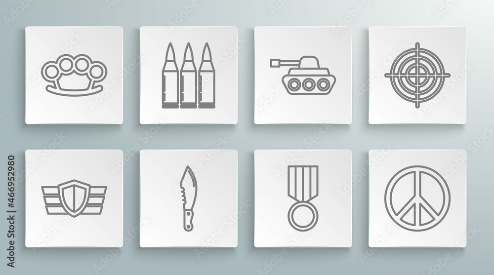 Set line Military reward medal, Bullet, knife, Peace, tank, Target sport for shooting competition and Brass knuckles icon. Vector