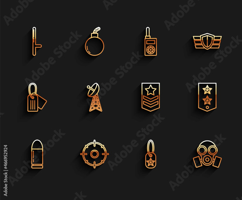 Set line Bullet, Target sport for shooting competition, Police rubber baton, Military dog tag, Gas mask, Radar, Chevron and icon. Vector