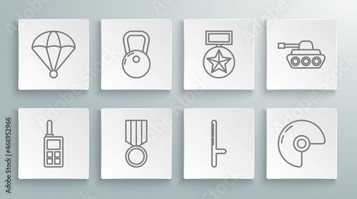 Set line Walkie talkie, Kettlebell, Military reward medal, Police rubber baton, helmet, tank and Parachute icon. Vector