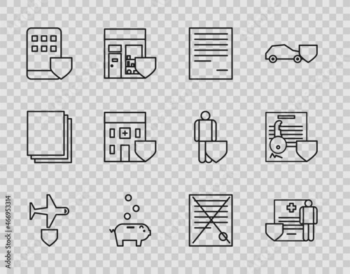 Set line Plane with shield, Medical clipboard clinical record, Document, Piggy bank coin, Smartphone insurance, hospital building, Delete file document and key icon. Vector