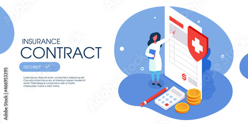 Nurse character stands near health insurance contract with medical shield, coins, and calculator.