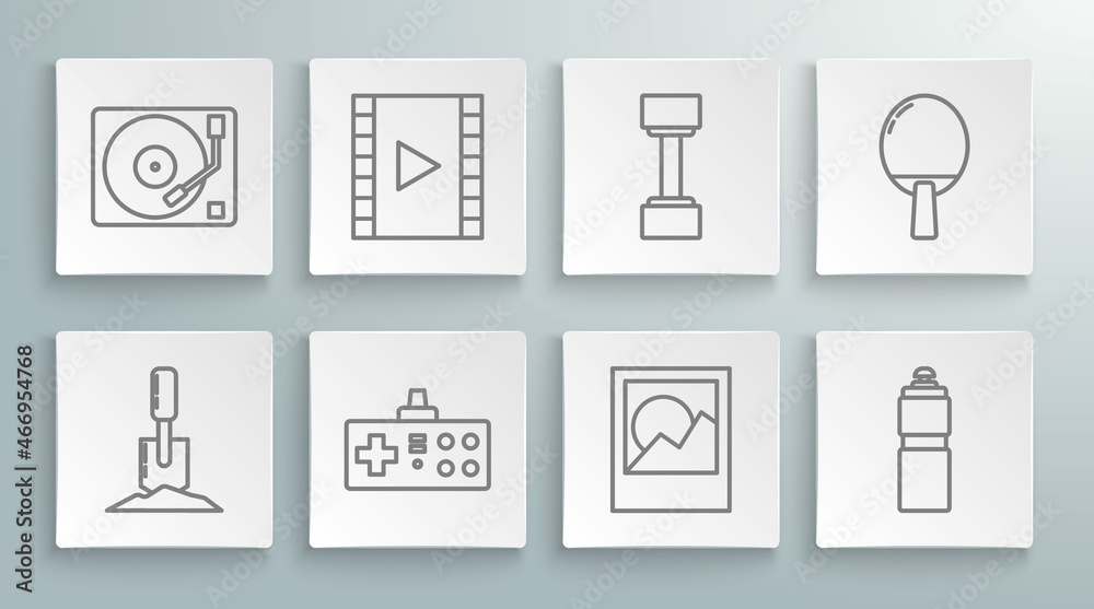 Set line Shovel in the ground, Play Video, Gamepad, Photo frames, Fitness shaker, Dumbbell, Racket for playing table tennis and Vinyl player with vinyl disk icon. Vector