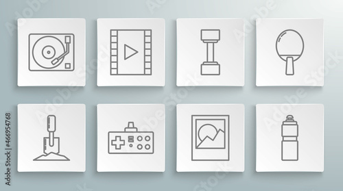Set line Shovel in the ground, Play Video, Gamepad, Photo frames, Fitness shaker, Dumbbell, Racket for playing table tennis and Vinyl player with vinyl disk icon. Vector