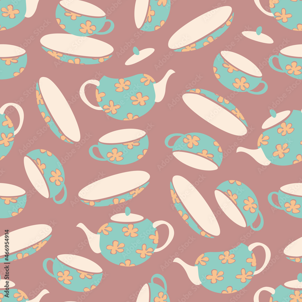 Vector seamless pattern with teapots, saucers and cups. Design for teatime.