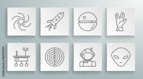 Set line Mars rover  Rocket ship with fire  Earth structure  Astronaut  Alien  Death star  Vulcan salute and Black hole icon. Vector