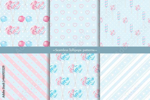 Festive vector realistic striped twisted lollipops seamless patterns set. Collection of backgrounds with three-dimensional spiral colorful glossy candies on sticks and hearts for valentine's day