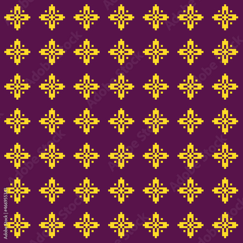 simple vector pixel art multicolored seamless pattern of golden ethnic abstract floral patterns on a purple background