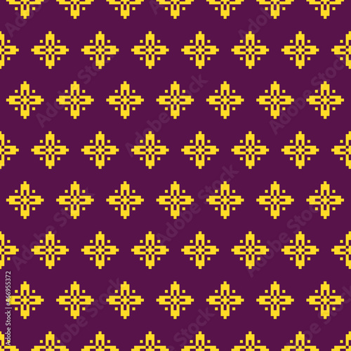 simple vector pixel art multicolored seamless pattern of golden ethnic abstract diagonal floral patterns on a purple background