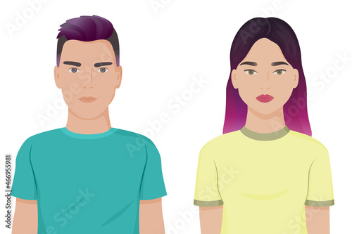 Guys with bright dyed hair wearing t-shits. Kpop style teenagers couple male and female. Hipster boy with purple undercut hairstyle and girl with pink dyed hair vector illustration isolated.