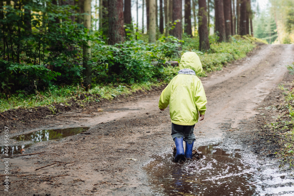 Child, toddler in blue rubber boots exploring muddy puddle. Family leisure in autumn forest. Lifestyle concept. Child, toddler in blue rubber boots exploring muddy puddle. Family leisure in autumn forest. Lifestyle concept.