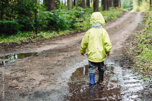 Child, toddler in blue rubber boots exploring muddy puddle. Family leisure in autumn forest. Lifestyle concept.
