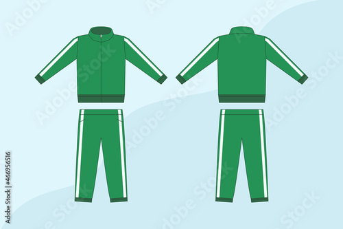 Green tracksuit editable vector template, flat design. A set of bright green sports jacket with pants, featuring white stripes on the sides of garment. photo