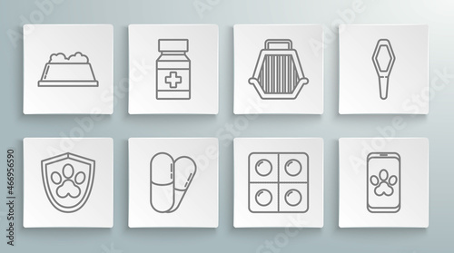 Set line Animal health insurance, Dog medicine bottle and pills, Online veterinary clinic symbol, Pet carry case, Pets vial medical and food bowl icon. Vector