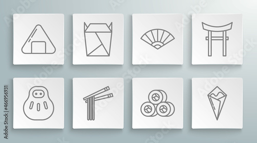 Set line Maneki neko cat, Rstaurant opened take out box filled, Asian noodles and chopsticks, Sushi, Temaki roll, Paper chinese or japanese folding fan, Japan Gate and icon. Vector
