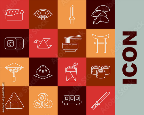 Set line Traditional Japanese katana, Sushi, Gate, Origami bird, and Asian noodles in bowl and chopsticks icon. Vector