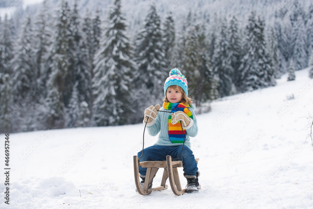 Boy sledding, enjoying sleigh ride. Child sitting on the sleigh. Children play with snow. Winter vacation concept. Wonderful Christmas scene. Boy sledding, enjoying sleigh ride. Child sitting on the sleigh. Children play with snow. Winter vacation concept. Wonderful Christmas scene.