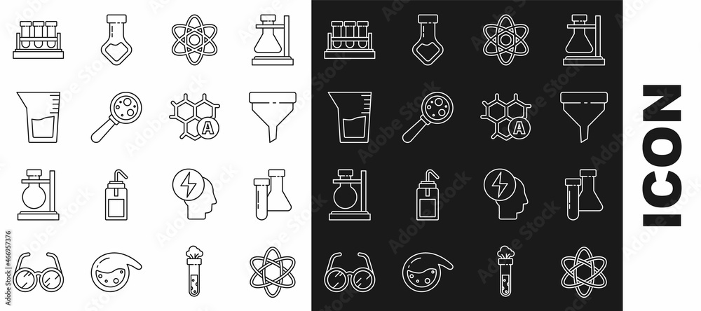 Set line Atom, Test tube and flask chemical, Funnel or filter, Microorganisms under magnifier, Laboratory glassware beaker, and Chemical formula icon. Vector Set line Atom, Test tube and flask chemical, Funnel or filter, Microorganisms under magnifier, Laboratory glassware beaker, and Chemical formula icon. Vector