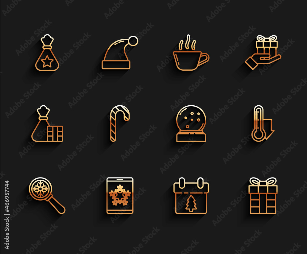 Set line Magnifying glass with snowflake, Christmas on smartphone and, Santa Claus bag gift, Calendar, Gift box, candy cane stripes, Meteorology thermometer measuring and globe fallen icon. Vector Set line Magnifying glass with snowflake, Christmas on smartphone and, Santa Claus bag gift, Calendar, Gift box, candy cane stripes, Meteorology thermometer measuring and globe fallen icon. Vector