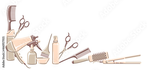 Barbershop background with professional hairdressing tools. Haircutting illustration.