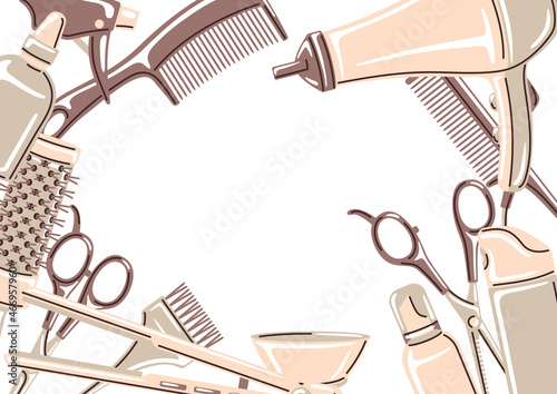 Barbershop frame with professional hairdressing tools. Haircutting illustration.