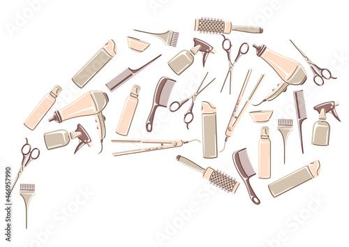 Barbershop background with professional hairdressing tools. Haircutting illustration.