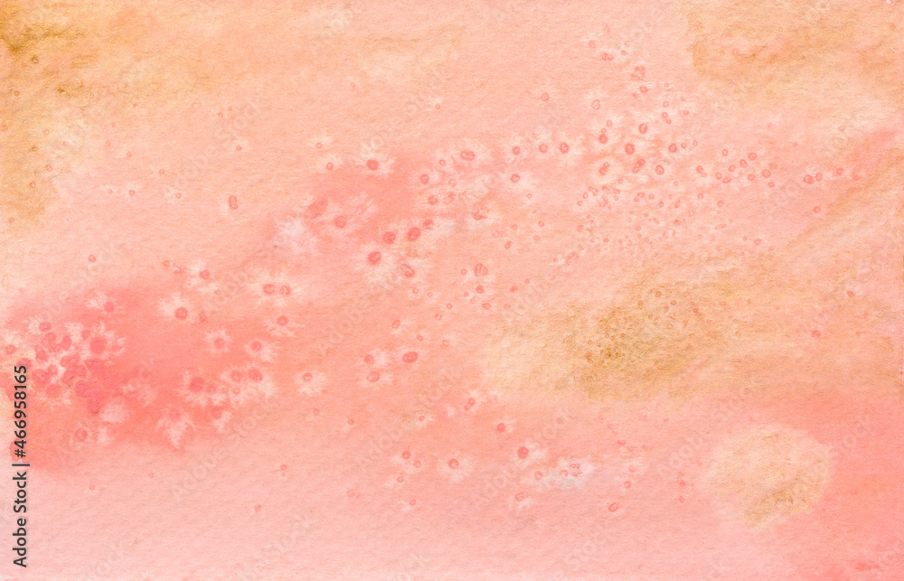 Watercolor hand painted Background. Soft pink textured abstract backdrop. Horizontal banner with golden spots