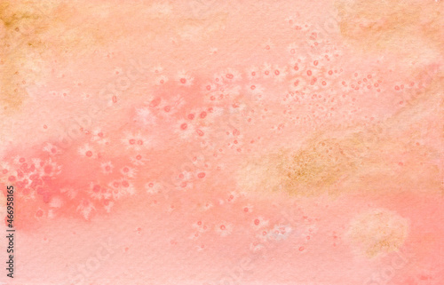 Watercolor hand painted Background. Soft pink textured abstract backdrop. Horizontal banner with golden spots