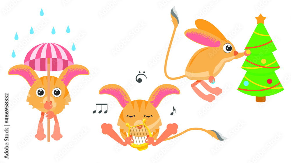 Naklejka premium Set Abstract Collection Flat Cartoon Different Animal Jerboas Decorates The Christmas Tree, Plays The Lyre, With An Umbrella In The Rain Vector Design Style Elements Fauna Wildlife
