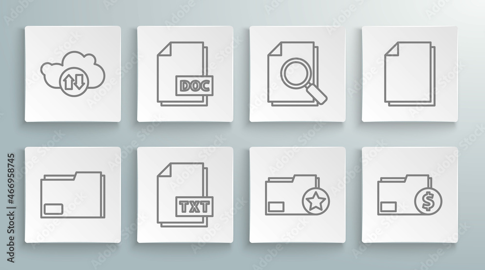 Set line Document folder, DOC file document, TXT, with star, Finance, search, and Cloud download and upload icon. Vector Set line Document folder, DOC file document, TXT, with star, Finance, search, and Cloud download and upload icon. Vector