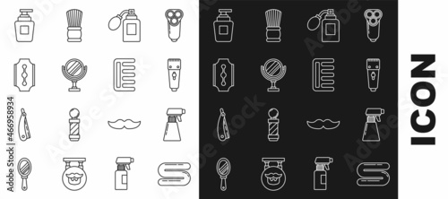 Set line Towel, Hairdresser pistol spray bottle, Electrical hair clipper or shaver, Aftershave with atomizer, Round makeup mirror, Blade razor, Bottle of shampoo and Hairbrush icon. Vector