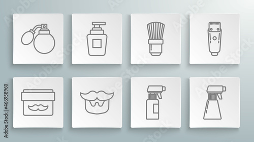 Set line Cream or lotion cosmetic jar, Bottle of shampoo, Mustache and beard, Hairdresser pistol spray bottle, Shaving brush, Electrical hair clipper shaver and Aftershave with atomizer icon. Vector