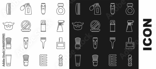Set line Classic Barber shop pole, Hairdresser pistol spray bottle, Electrical hair clipper or shaver, Makeup powder with mirror, Mustache and beard, Hairbrush and Shaving gel foam icon. Vector