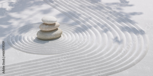 japanese style minimal abstract background. zen garden and stone balance with white sand background. for cosmetic and product presentation. 3d rendering illustration.