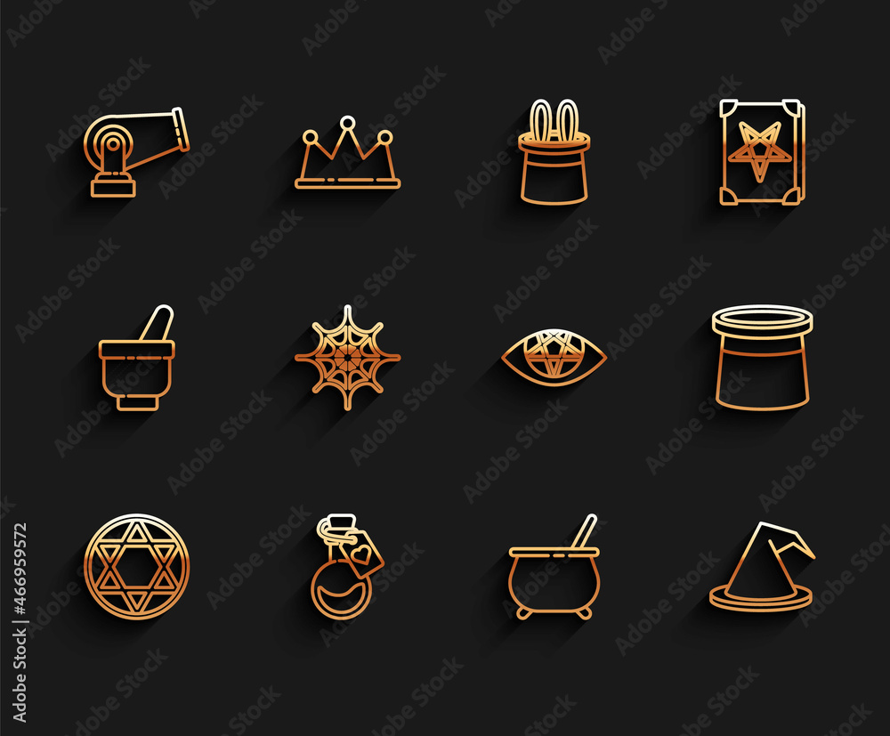 Set line Star of David, Bottle with love potion, Cannon, Witch cauldron, hat, Spider web, Magician and Pentagram icon. Vector Set line Star of David, Bottle with love potion, Cannon, Witch cauldron, hat, Spider web, Magician and Pentagram icon. Vector