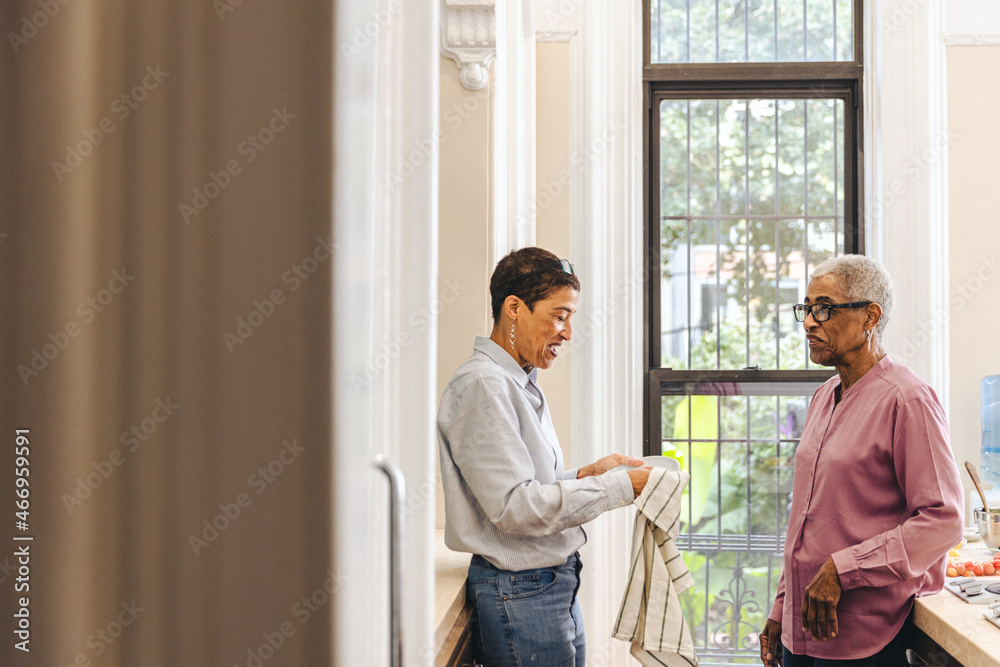 Adult woman laughs with her senior mother while drying a dish in the kitchen Adult woman laughs with her senior mother while drying a dish in the kitchen
