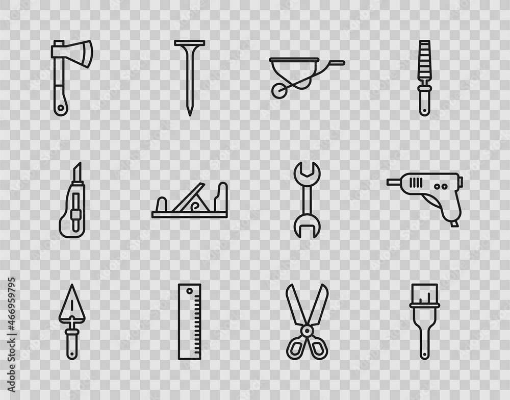 Set line Trowel, Paint brush, Wheelbarrow, Ruler, Wooden axe, plane tool, Scissors and Electric hot glue gun icon. Vector Set line Trowel, Paint brush, Wheelbarrow, Ruler, Wooden axe, plane tool, Scissors and Electric hot glue gun icon. Vector