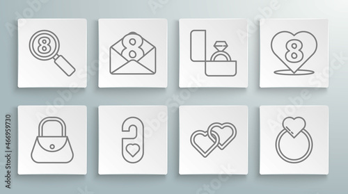 Set line Handbag, Envelope with 8 March, Please do not disturb heart, Two Linked Hearts, Wedding rings, Diamond engagement, and Search icon. Vector