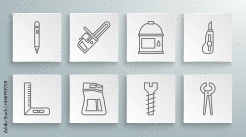 Set line Corner ruler, Chainsaw, Cement bag, Metallic screw, Pincers and pliers, Paint bucket, Stationery knife and Pencil with eraser icon. Vector