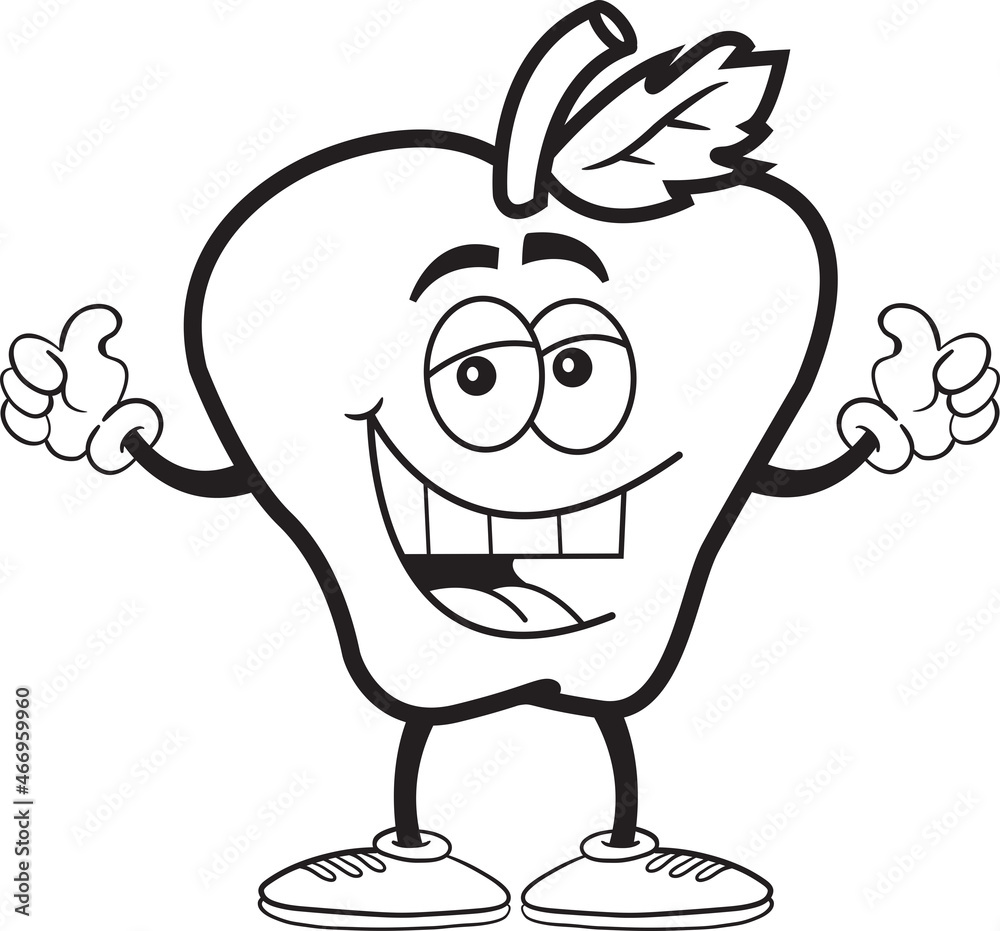 Fototapeta premium Black and white illustration of a happy smiling apple giving double thumbs up.