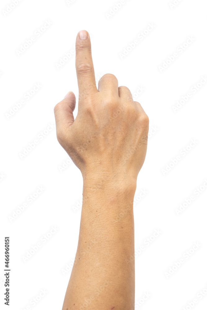 Man pointing at something on white background, closeup of hand Man pointing at something on white background, closeup of hand