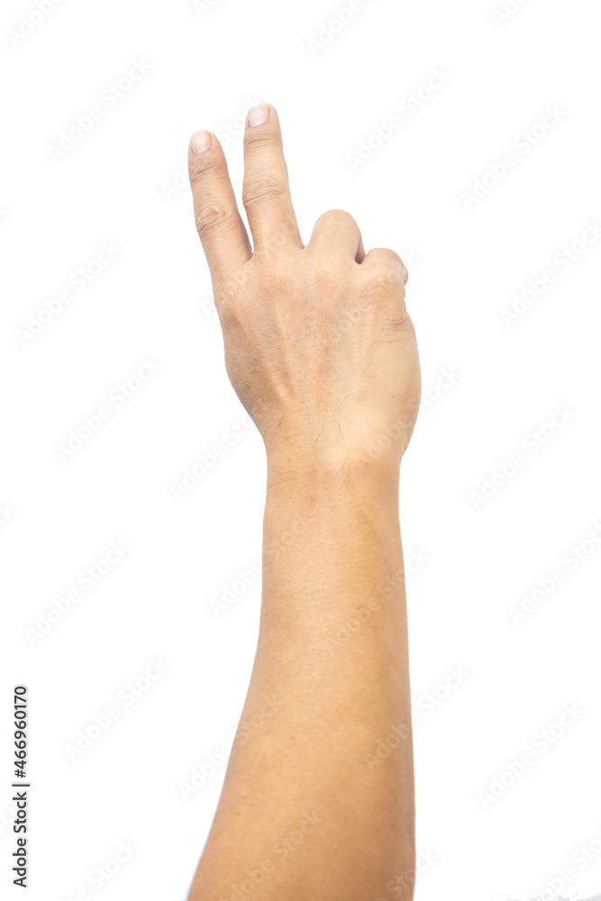 Man pointing at something on white background, closeup of hand Man pointing at something on white background, closeup of hand