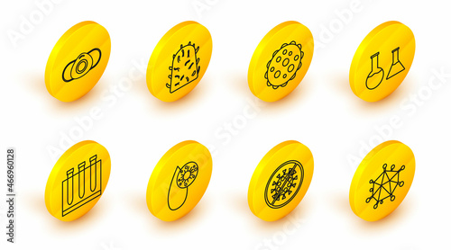 Set line Virus, Stop virus, Blood test and, Test tube flask, Rabies and Medical protective mask icon. Vector