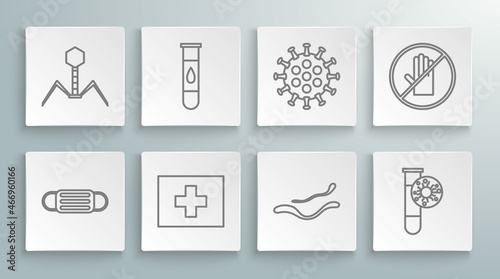 Set line Medical protective mask, Blood test and virus, First aid kit, Ebola disease, Test tube with, Virus, No handshake and Bacteria bacteriophage icon. Vector