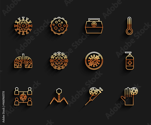 Set line Virus spread, Bacteria bacteriophage, Syringe and virus, Hand with, Bottle of liquid antibacterial soap and Stop icon. Vector