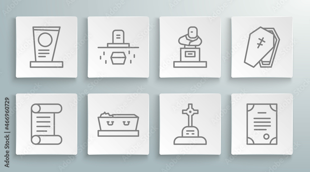 Set line Decree, parchment, scroll, Grave with coffin, Coffin dead, cross, Death certificate, tombstone, and icon. Vector Set line Decree, parchment, scroll, Grave with coffin, Coffin dead, cross, Death certificate, tombstone, and icon. Vector