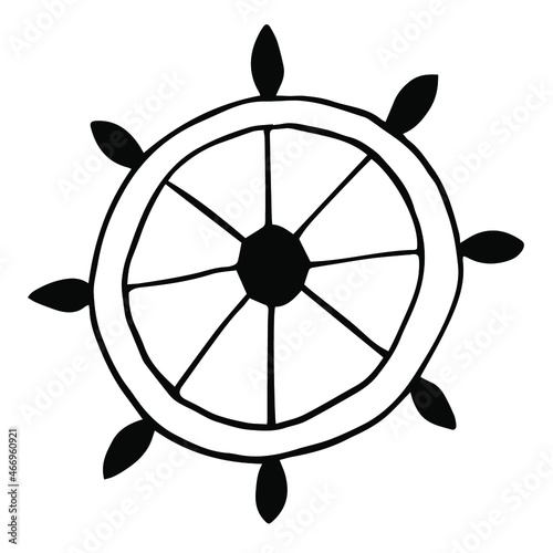 Ship`s wheel or boat`s wheel. Vector doodle drawing isolate.